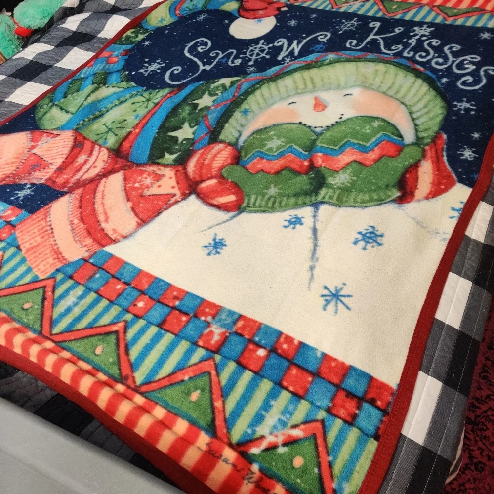 2007 Susan Winget SNOW KISSES Snowman Fleece Blanket Throw 63 X 47 Christmas
